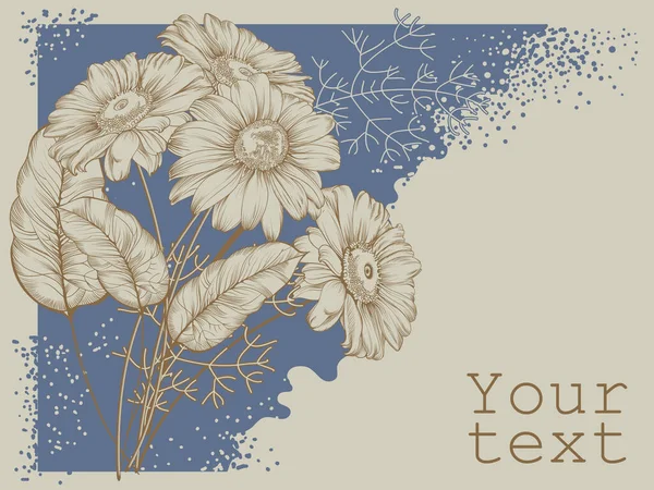Krásné Kvetoucí Květiny Vintage Blahopřání Rámeček Kreslení Rytiny Heřmánek Divoké — Stockový vektor