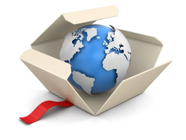 Offenes Paket mit Globus. Bild mit Ausschnittspfad — Stockfoto