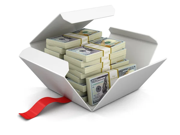 Open package with pile of dollars. Image with clipping path — Stock Photo, Image