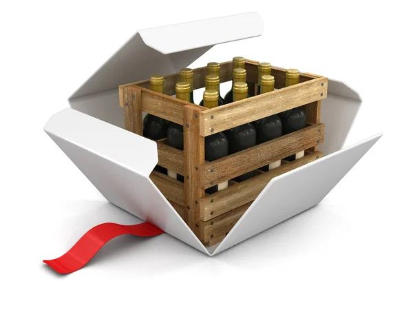 Otwórz pakiet z butelek wina w pole. Obraz ze ścieżką przycinającą — Zdjęcie stockowe