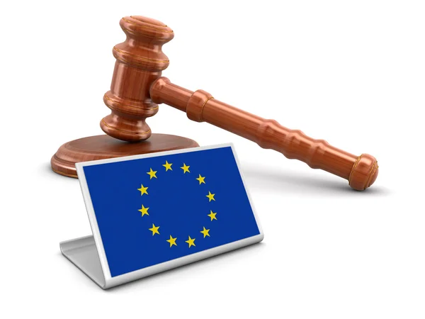 Mazo de madera 3d y bandera de la unión europea. Imagen con ruta de recorte — Foto de Stock