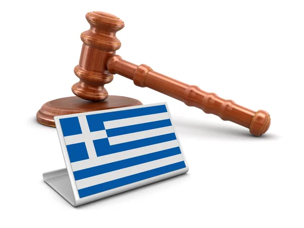 3d martelo de madeira e bandeira grega. Imagem com caminho de recorte — Fotografia de Stock