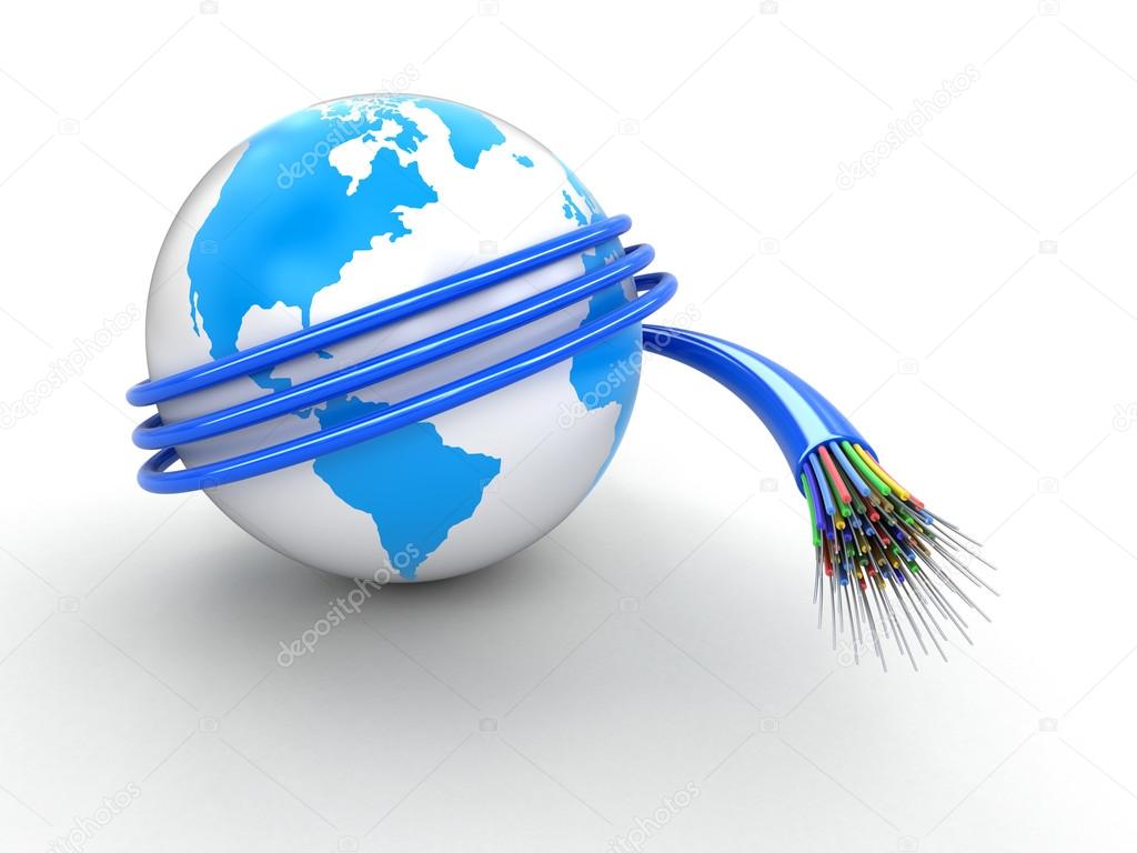 3d Globe  with Optic fiber cable. Image with clipping path 