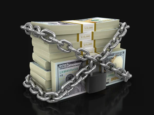 Pile of Dollars and lock (clipping path included) — Stock Photo, Image