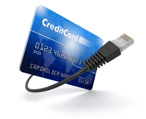 Кредитная карта и компьютерный кабель (путь обрезки включен ) — стоковое фото