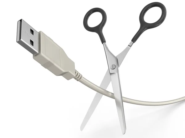 Scissors and USB Cable (clipping path included) — Stock Photo, Image