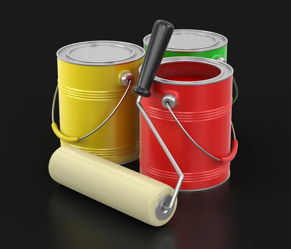 Rolo de pintura e latas de tinta (caminho de recorte incluído ) — Fotografia de Stock