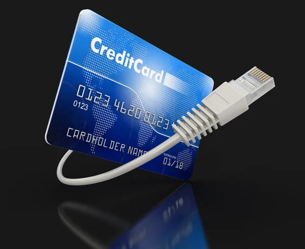 Carta di credito e cavo del computer (percorso di ritaglio incluso ) — Foto Stock
