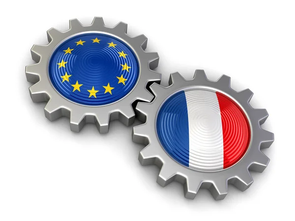 Franska och Europeiska unionen flaggor på en gears (urklippsbana ingår) — Stockfoto