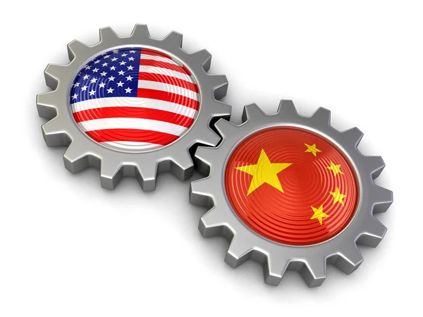 美国和中国国旗上的齿轮 (包括剪切路径) — 图库照片