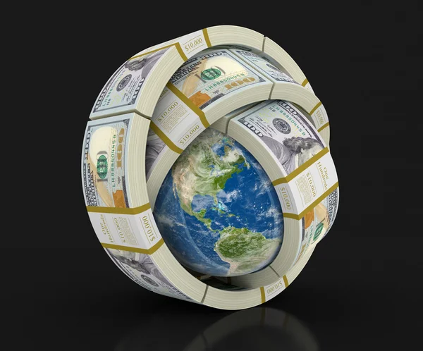 Högen av dollar och globe (urklippsbana ingår) — Stockfoto