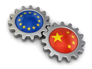 Chinese and European union flags on a gears (clipping path included) clipart