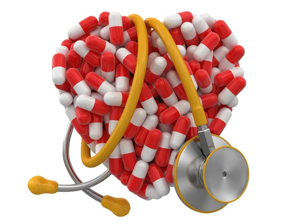 Heart from Pills and stethoscope (clipping path included) — Stock Photo, Image