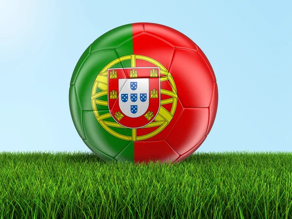 Calcio calcio con bandiera portoghese sull'erba — Foto Stock