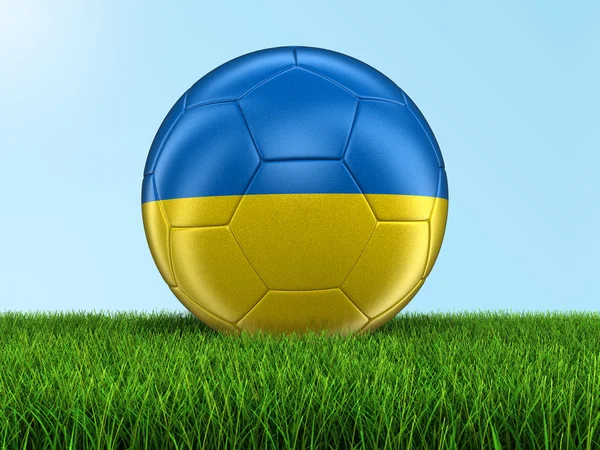 Soccer football with Ukrainian flag on grass — Stock Photo, Image