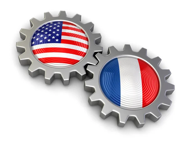 USA und französische Flaggen auf einem Getriebe (Clipping-Pfad enthalten) — Stockfoto