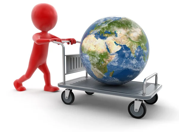 Man and Handtruck with Globe (clipping path included) — Stock Photo, Image