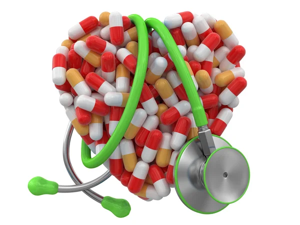 Heart from Pills and stethoscope (clipping path included) — Stock Photo, Image