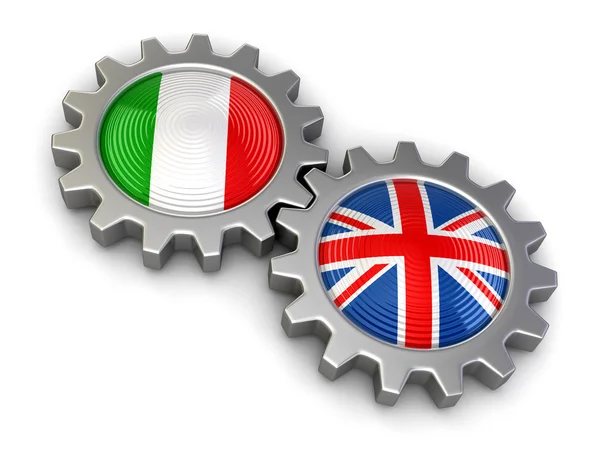 意大利和英国国旗上的齿轮 (剪切路径包括) — 图库照片