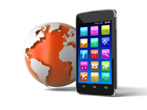 Touchscreen smartphone and Globe (clipping path included) — Stock Photo, Image