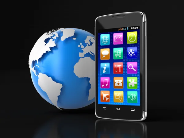 Touchscreen smartphone and Globe (clipping path included) — Stock Photo, Image