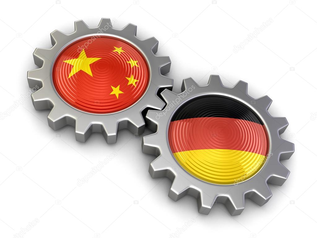 Chinese and German flags on a gears (clipping path included)