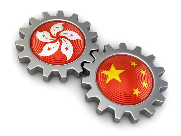 Drapeaux de Hong Kong et de Chine sur un engrenage (chemin de coupe inclus ) — Photo