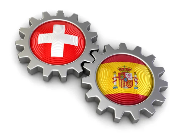 Drapeaux suisses et espagnols sur un engrenage (chemin de coupe inclus ) — Photo