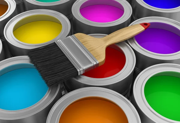 Paint cans with brush (clipping path included) — Stock Photo, Image