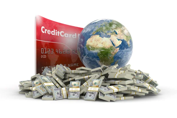 Karta kredytowa z Globe i dolarów (ścieżka przycinająca zawarte) — Zdjęcie stockowe