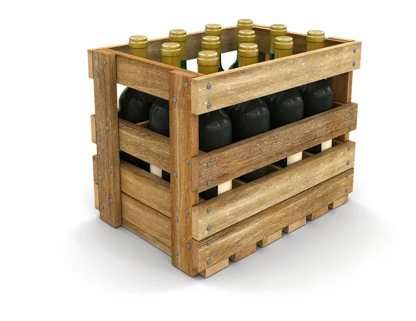Dřevěný box s lahví vína — Stock fotografie