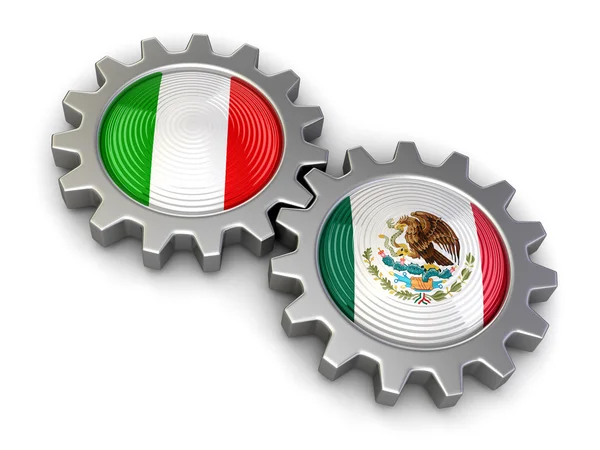 Italiaanse en Mexicaanse leeuwenvlaggetjes op een gears (uitknippad opgenomen) — Stockfoto