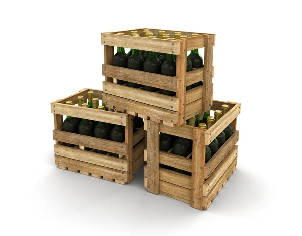 Wooden boxes with wine bottles — Stock Photo, Image