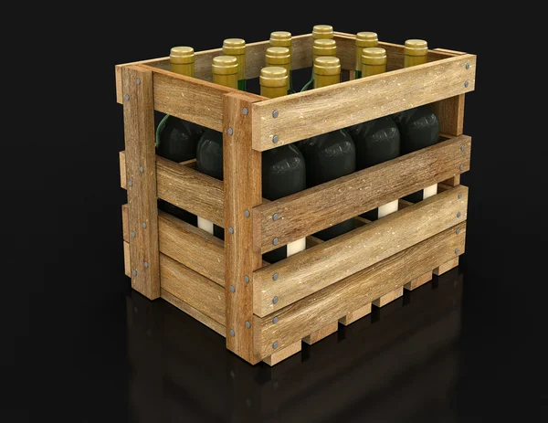 Wooden box with wine bottles — Stock Photo, Image
