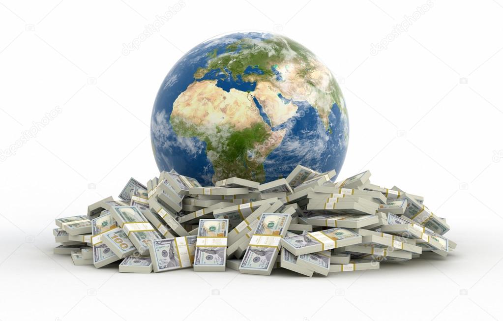 Pile of Dollars and globe (clipping path included)