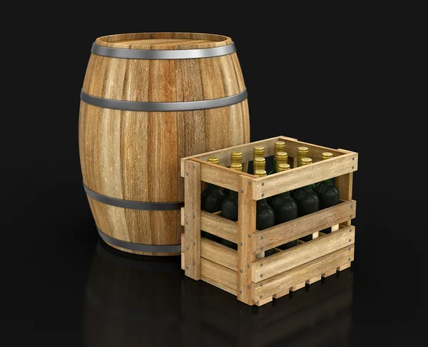Barril de vinho e caixa de madeira com garrafas de vinho (caminho de recorte incluído ) — Fotografia de Stock