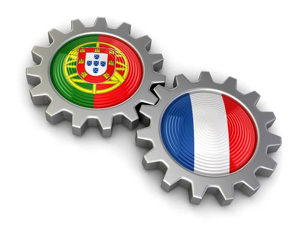 Drapeaux portugais et français sur un engrenage (chemin de coupe inclus ) — Photo