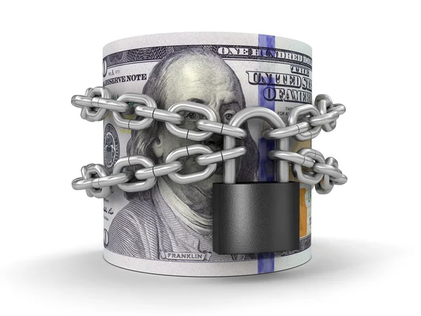 Pile of Dollars and lock (clipping path included) — Stock Photo, Image