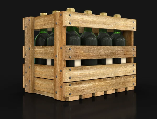 Wooden box with wine bottles — Stock Photo, Image