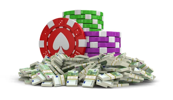 Fichas de casino e Pilha de Euros (caminho de recorte incluído ) — Fotografia de Stock