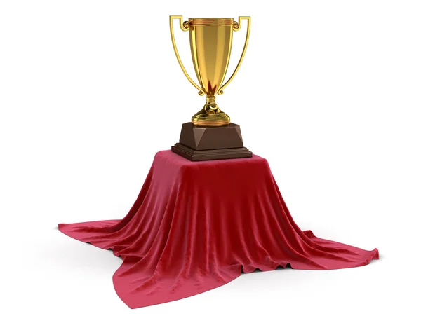 Toalha de mesa coberta com copo de troféu. Imagem com caminho de recorte — Fotografia de Stock