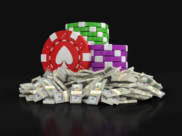 Fichas de casino e pilha de dólares. Imagem com caminho de recorte — Fotografia de Stock