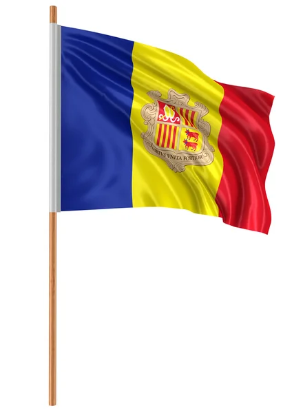 Bandera 3D Andorra con textura de superficie de tela. Fondo blanco . —  Fotos de Stock