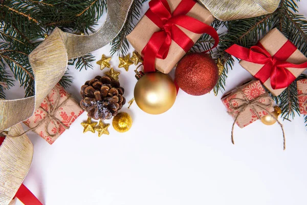 Gyönyörű Karácsonyi Háttér Ajándékok Dekorációk — Stock Fotó