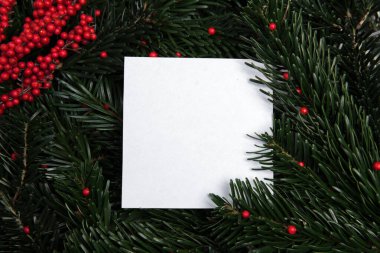 Çam iğnelerinin arka planında böğürtlenlerle çevrili bir kart