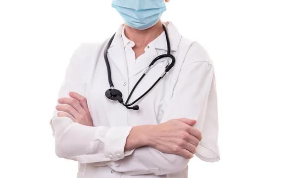 Ung Läkare Vit Uniform Och Stetoskop Bär Mask Isolerad Bakgrund — Stockfoto