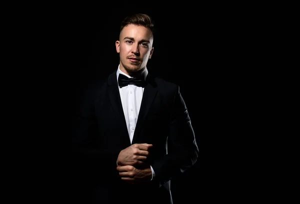 Handsome Young Man Wearing Black Tux Bow Tie Posing Black Stock Picture