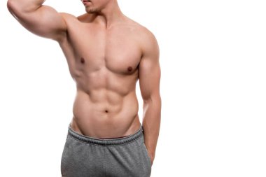 Formda vücut geliştiren kaslı erkek gövdesi beyazda izole edilmiş.