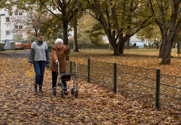 Idős Sétálni Unokájával Egy Járókelő Segítségével Télen — Stock Fotó