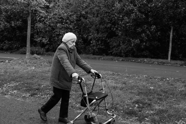 Elderly Woman Taking Walk Winter Help Walker Aid Black White — Stock Photo, Image